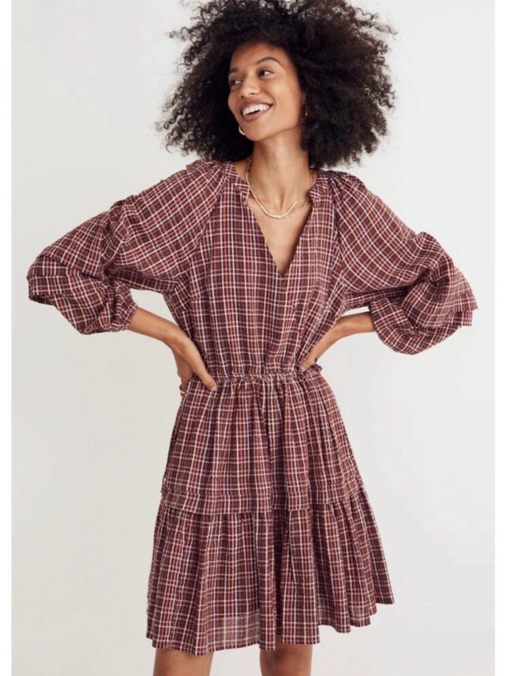 Madewell Autumn Plaid Seersucker Flounce Hem Surplice V-Neck Mini Dress